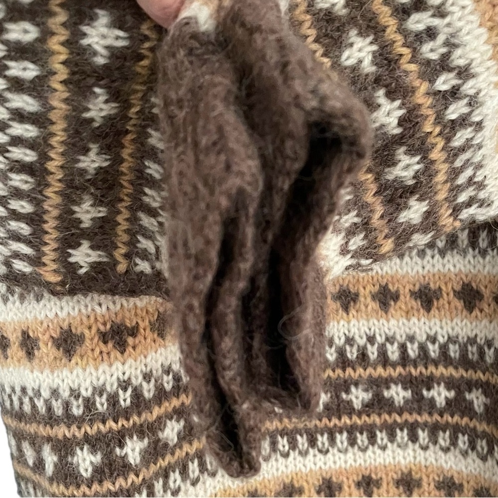 HAND KNIT Wool Sweater Pattern Design Brown Tan Cream L - Picture 6 of 6